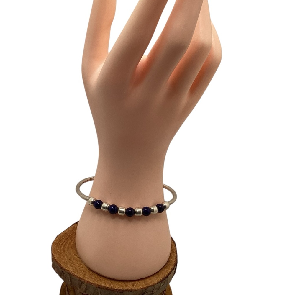 Silpada Sterling Silver and Blue Sodalite beaded flexible cuff bracelet.